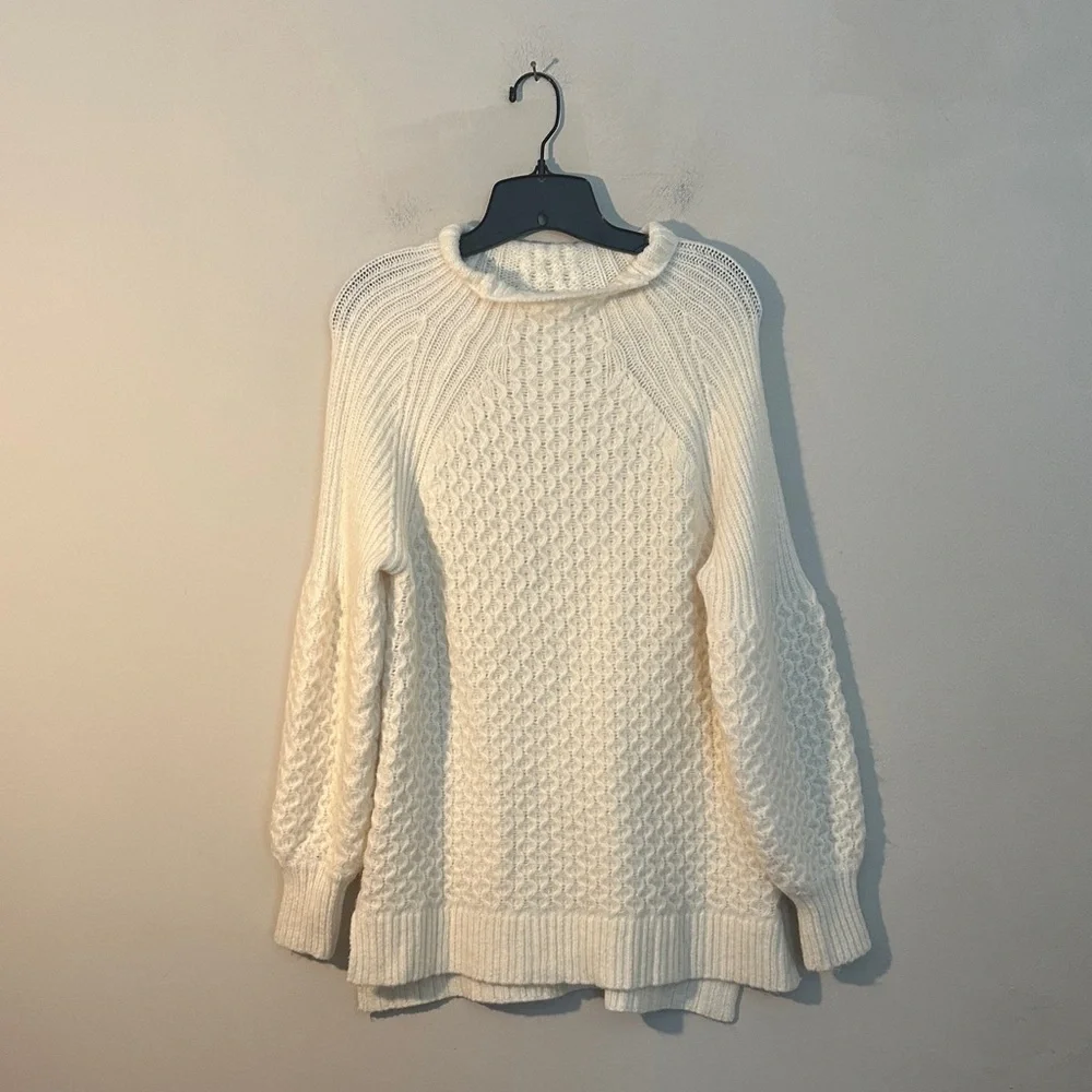 Anthropologie Bia Cream Mock Neck textured balloon sleeve sweater women size M
